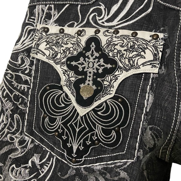 Vintage Urban Couture Victorious Baggy Embroidered Y2K Cross Black Denim Shorts - Picture 5 of 16